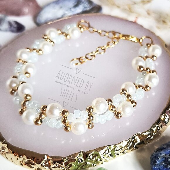 Beaded Bracelet, Blue Beads & Faux Pearls Bridal Stainless Steel Gold Jewelry - Picture 9 of 10